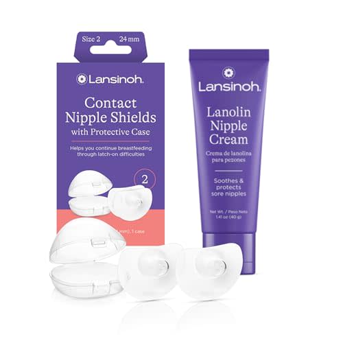 Lansinoh Contact Nipple Shields for Breastfeeding, 2 Nipple Shields (24mm) & Case + Lanolin Nipple Cream, Safe for Baby, 100% Natural Nipple Butter for Mom, Breastfeeding Essentials, 1.41 Oz