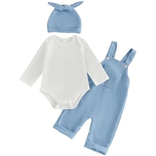 Newborn Baby Boy Clothes Infant Long Sleeve Romper Waffle Suspender Overalls Pants Hat Set Fall Winter Outfits