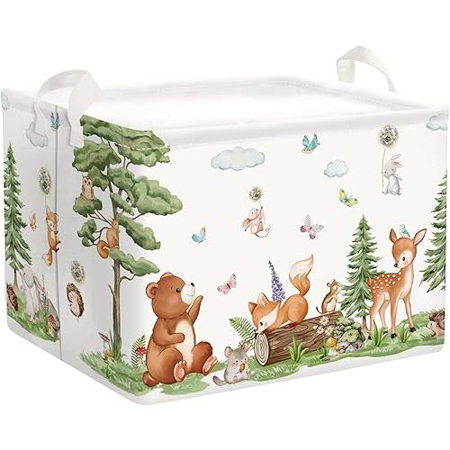 Forest Animals Baby Laundry Hamper Collapsible Clothes Kids Storage Basket Bear Fox Large Boys Girls Gift Toy Box Bin for Nursery, Squirrels, 36L