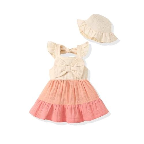Renotemy Infant Baby Girl Dresses Toddler Girl Clothes Summer Cotton Linen Boho Smocked Sundress Gift for Girls with Hat