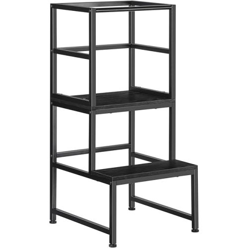 Kitchen Step Stool, Bed Steps with Safety Rail, Heavy Duty Counter Level Learning Stool for High Beds, Holds Up to 150 Lbs, Black
