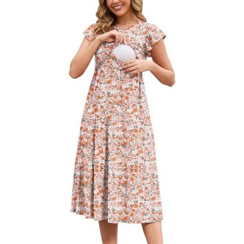 GINKANA Women Nursing Dress Flutter Sleeve Midi Dress Crew Neck Nursing Friendly Dresses Loose Flowy Maternity Beach Dress