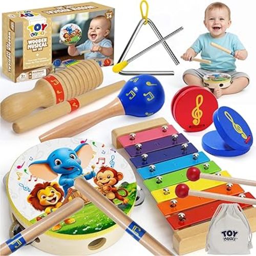 TOY Life Toddler Musical Instruments for Kids, Baby Musical Toys for Toddlers 1-3, Montessori Wooden Toys Percussion Instruments Set with Tambourine Xylophone Maracas for Kids Preschool Education