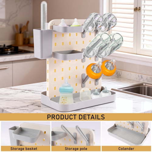 Baby Bottle Drying Rack Large Capacity Bottle Dryer Holder Space Saving Drying Rack for Baby Bottles and Cleaning Supplies (White Grey)