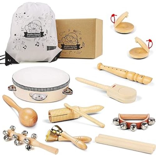 Chriffer Kids Musical Instruments Toys, Percussion Instruments Set with Storage Bag, Preschool Educational Music Toys for Boys Girls, Natural Eco-Friendly Wooden Music Set (10pcs)