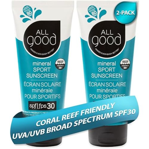 All Good Sunscreen - Sport Mineral Sunscreen Lotion, Reef Friendly, SPF 30+ for Face & Body, Water & Sweat Resistant, 2-pack (3 oz)