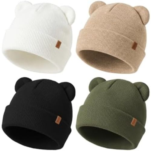 Konssy 4 Pack Baby Beanie with Bear Ear Warm Winter Hat for Newborn Infant