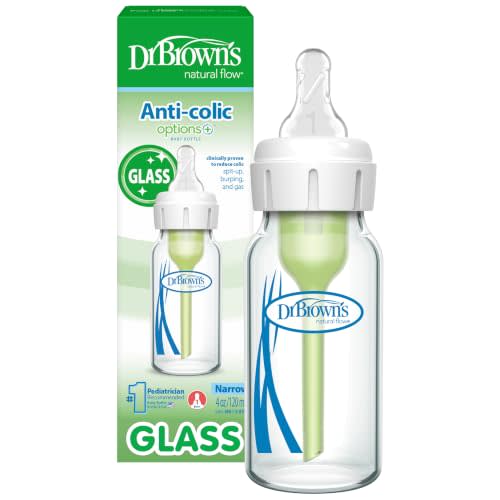 Dr. Brown's Anti-Colic Options+ Narrow Glass Baby Bottle, 4 oz, 1-Pack | Clinically proven to reduce colic, glass bottle with Level 1 slow flow nipple, 0m+, BPA-free