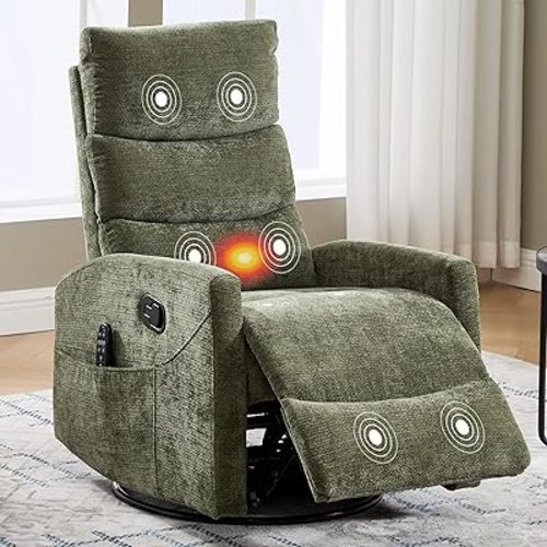 Manual Swivel Rocker Recliner Chair for Adults, Overstuffed Glider Chair for Nursing with Vibration Massage & Lumbar Heat, Living Room Rocking Recliner 3-Stage backrest, Chenille Fabric Green
