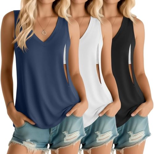 Ficerd 3 Pack Women's Nursing Tank Tops Breastfeeding Summer Hidden Zippers V Neck Sleeveless Shirts Loose Maternity Clothes