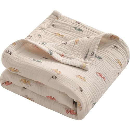 NTBAY Muslin Toddler Blanket, 4-Layer, 30x40 Soft and Breathable Receiving Blanket for Newborns and Infants, Crib Stroller Travel Use, Retro Race Car