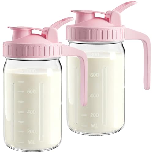 Mason Jar Pitcher Set of 2, 32oz (1quart) Glass Breast Milk Pitcher with Lid
