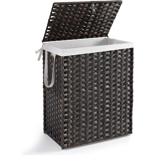 DUMOS Laundry Basket with Lid, 90L Wicker Laundry Hampers, Chestnut Brown