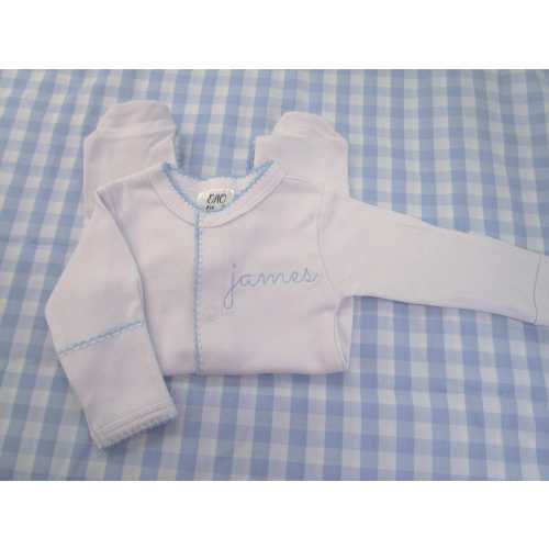 Personalized Knit Baby Footie and Hat Set: Blue Picot Trim, Newborn Coming Home Outfit