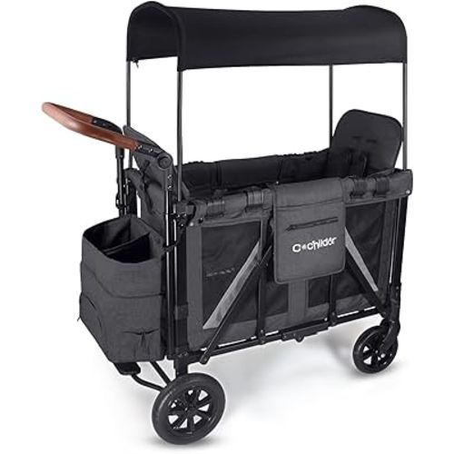 Elite 2 Seater Wagon Stroller for Kids, Foldable Stroller Wagon with Removable Seats & Canopy, 5-Point Safety Harness, Adjustable Handle, Dark Gray