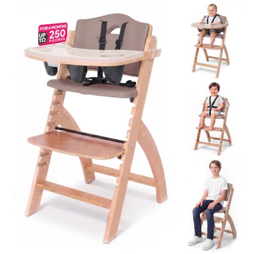 Abiie Beyond Junior Convertible Wooden High Chair with Removable Tray | Adjustable Highchair for Babies & Toddlers, Grow With Me, 6 Mos - 250 lbs, Water Resistant, Natural Wood Soft Mocha Cushion