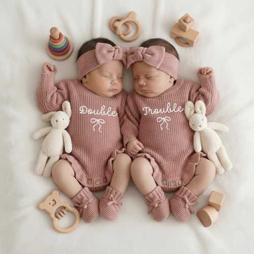 Embroidered Double Trouble Twins Knit Bodysuit, Matching Sibling Outfit for Newborns, Baby Shower Gift, Twin Baby Gift