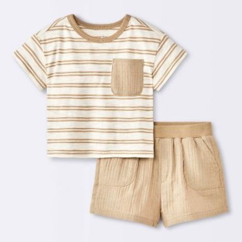 Baby Boys' 2pc Striped Pocket T-Shirt and Shorts Set - Cloud Island™ Tan 3-6M
