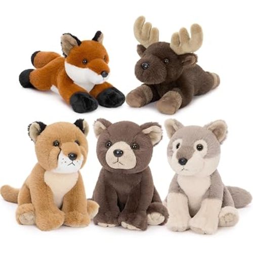 MaoGoLan 5 Pack Woodland Stuffed Animals Bulk, Inspired by America National Park Forest Wildlife Animals Plush Toys Set - with Coyote, Cougar, Grizzly Bear, Moose and Red Fox