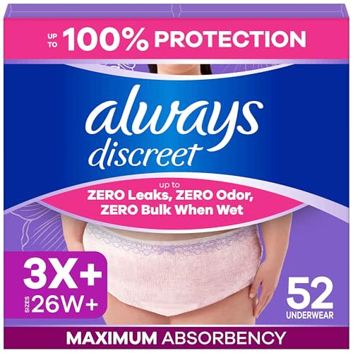Always Discreet Reimagined Adult Diapers for Women, Maximum Absorbency Incontinence and Postpartum Underwear Size 3X+, Up to 100% Leak Free Bladder Leak Protection, 52 Count​