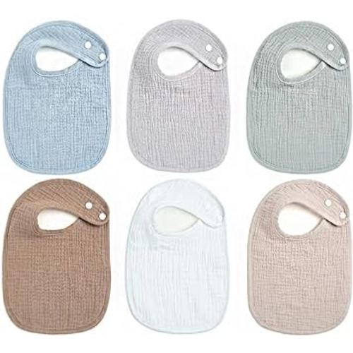 R&B Products Large Size 6 Pack Muslin Baby Drool Bibs for Unisex, 100% Soft Cotton Baby Bibs, Absorbent Teething Infant to Toddler