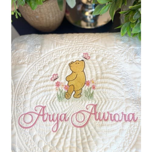 Classic Winnie The Pooh Personalized Embroidered Heirloom Baby Quilt, Nursery Bedding, Flower Butterflies Name Blanket, Shower New Born Gift