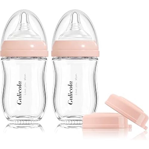 Gulicola Natural Glass Baby Bottle for Breastfeeding Babies, Newborn Anti-Colic Bottle Set with Slow Flow Nipple, 0-3 Months, 5 oz, 2 Pack - Pink