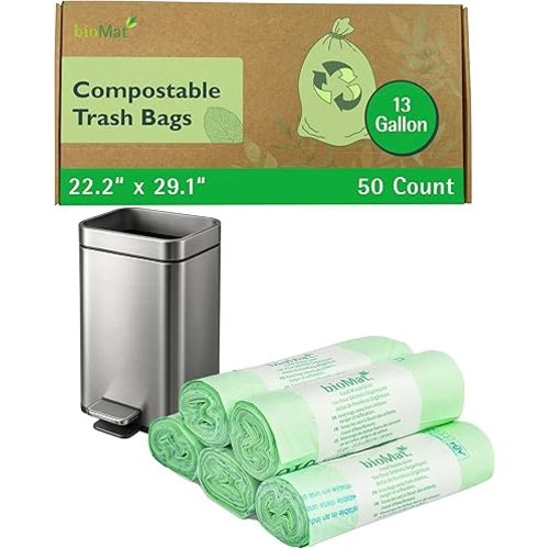 bioMat 13 Gallon Compostable Trash Bags, 50 Count, Tall Kitchen Compost bags for Food Waste, BPI ASTM D6400 and CMA Certified Kitchen Food Scrap Waste Bags