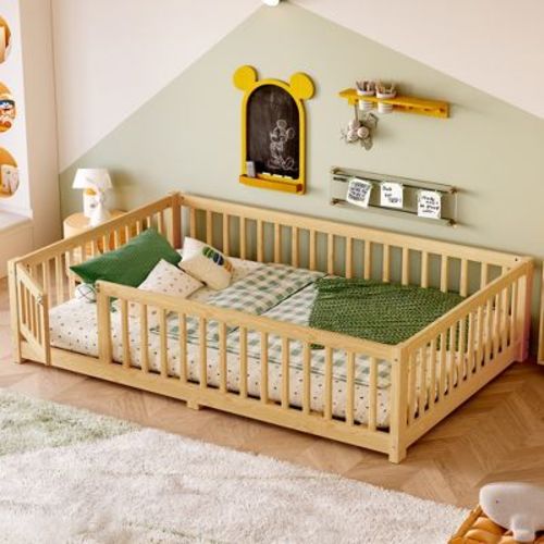 Bed Floor Bed with Safety Guardrails and Door for Kids, Natural