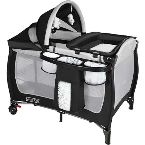 Kinder King 4 in 1 Portable Pack and Play, Baby Playard w/Bassinet, Large Playpen for Infant and Toddler, Newborn Changing Table, Adjustable Canopy, Storage Basket, Travel Bag, Black