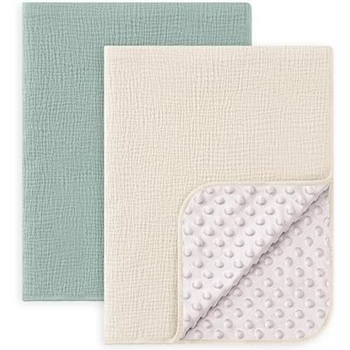 Susurration Baby Blanket for Unisex Boys Girls, 2 Pack Soft Fluffy Crib Blankets with Muslin Cotton Front and Dotted Fleece Back, Receiving Blanket for Baby Newborn Infant, 30x40inch, Green&Cream