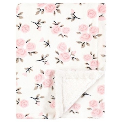 Hudson Baby Infant Girl Plush Blanket with Furry Binding and Back, Neutral Pink Floral, One Size