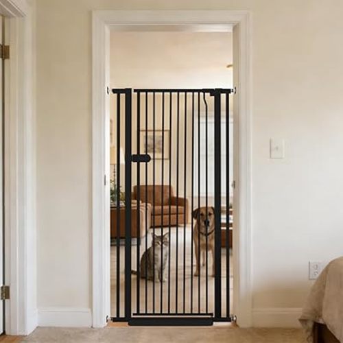 Lumizone Extra Tall Cat Gate 55.12" High Pressure Mounted 29.92"-34.24" Extra Wide 1.37" Gap No Drilling Auto-Close One-Handed Operation Tall Pet Gate for Dogs(Black, 55.12" H x 29.92"-34.24" W)