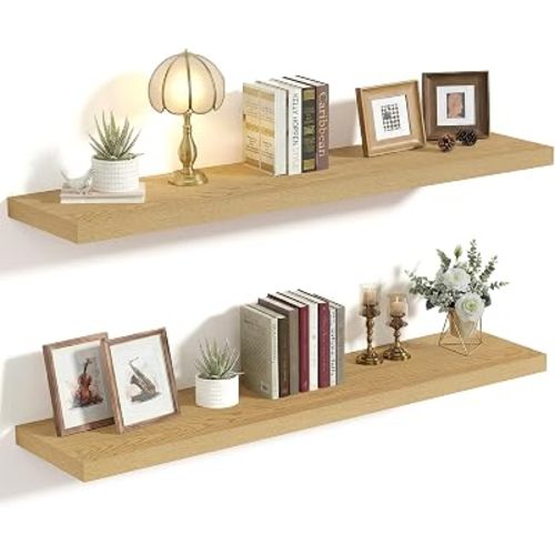 Vivelove 10" Deep Floating Shelves with Invisible Brackets, 36" Wall Shelves for Bathroom Bedroom Kitchen Living Room Laundry Room, Modern Rustic Shelves for Home Decor, 36"x10.2"x1.5", Set of 2, Oak