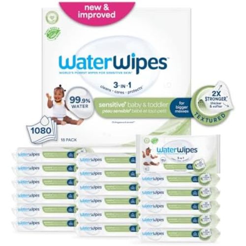 WaterWipes Sensitive+ Baby & Toddler Wipes, 3-In-1 Cleans, Cares, Protects, 99.9% Water, Textured Clean, Unscented & Hypoallergenic, 1080 Count (18 Packs)