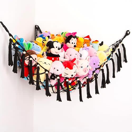 Stuffed Animal Net or Hammock, Jumbo Stuffed Animal Hammock Net Coner Wall Hanging Toy Organizer for Room (Black)