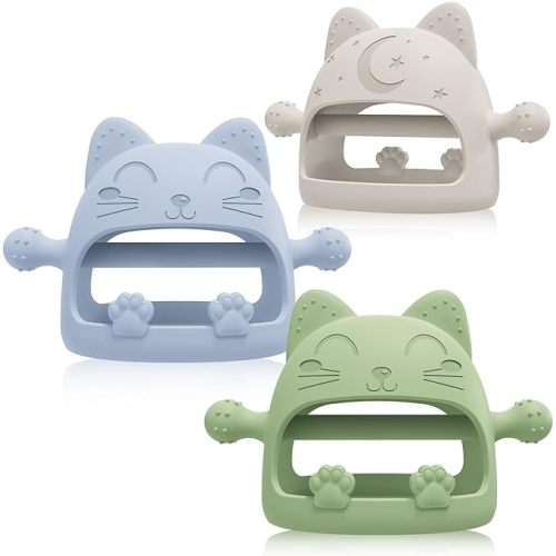 3 Pack Baby Teether-Teething Toys for Babies 0-6 Months,Baby Chew Toys for Teething Relief,Hand Teether Infant Toys with Cartoon Cat Baby Toys 6 to 12 Months,Ideal Baby Travel Essentials for New Moms - Yellow-Green/Starlight/Light Blue