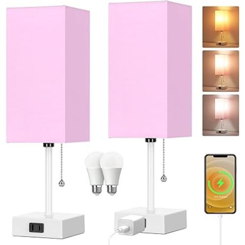 15'' Table Lamp for Bedroom set of 2,3-Color Bedside Lamps with Pull Chain Table Lamps for Night stands ,Small Night Light Lamps with 2 Bulbs Lamps for Living Room Kids Room Office Decor（Pink+White）