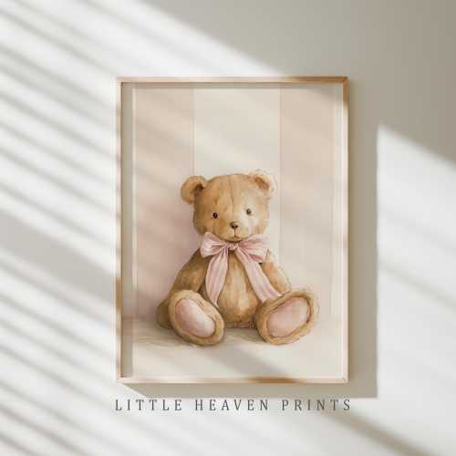 Coquette Teddy Bear Print, Vintage Nursery Wall Art for Baby Girl Room, Cottagecore Pastel Kids Decor, Whimsical Teddy Printable Download