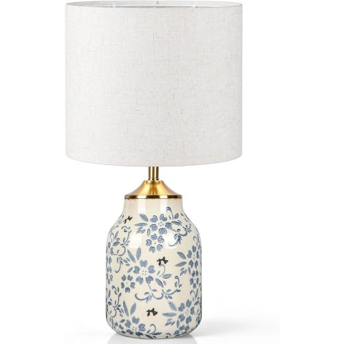Tellingyou 1 Pcs 21" Chinoiserie Blue Ceramic Lamp with Beige Linen Shade