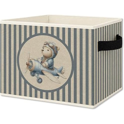 Bear Airplane Nursery Foldable Storage Bins Box with Handles, Blue Striped Aviator Bear Collapsible Organizer Basket for Kids Toddler Boy Bedroom Bathroom Playroom Clothes Books