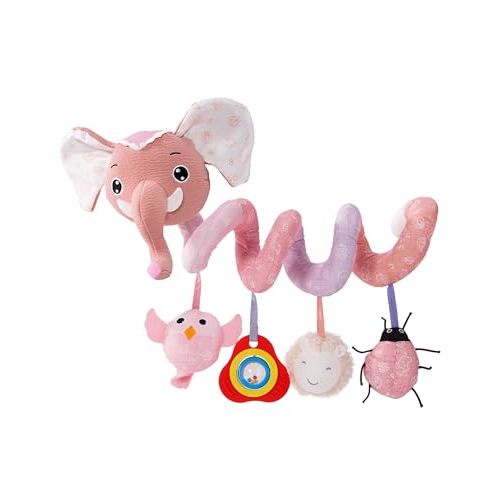 Jollybaby Baby Crib Stroller Car Seat Spiral Hanging Toy - Sz Pink Elephant | Sensory Activity Hanging Toy for 0-12 Month Newborn with Music Box, Musical Carseat Mobile Plush Toy Gift for Infant Boy Girl