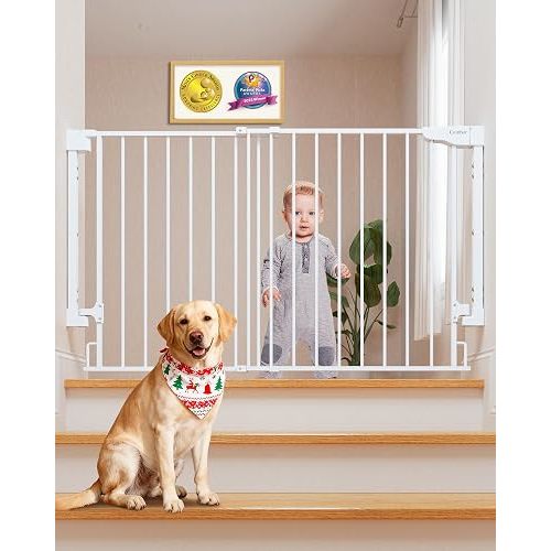 Cumbor Expandable 31.6-48" Baby Gate for Stairs, Hardware Mounted, 2-in-1 No Bottom Bar Dog Gate Indoor, Auto Close Pet Gate for Doorways with Large Walk Thru Door, Child-Proof Gate for Kids (White)