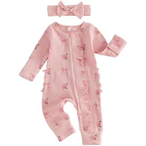 Socutebabe Newborn Baby Girl Fall Winter Clothes Coming Home Outfit Ruffle Romper Cute Ribbed Knit Jumpsuit Headband