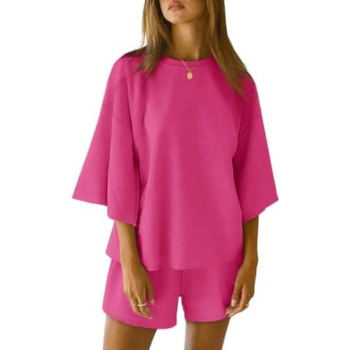Tankaneo Womens Pajama Sets 3/4 Sleeve Oversized Tops & Loose Fit Shorts Lounge Set with Pockets Loungewear