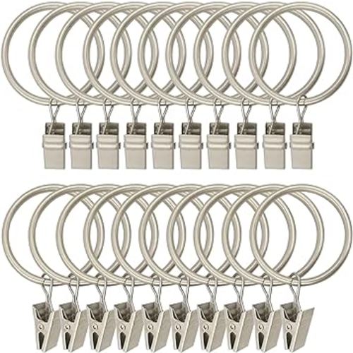 20 Pack Metal Curtain Rings with Clips, Curtain Clip Rings Hooks for Hanging Drapery Drapes Bows, Curtain Rod Rings 1.5 inch Interior Diameter, Matte Silver