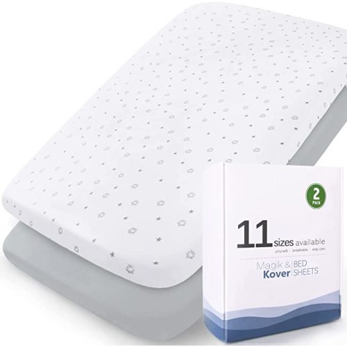 Bassinet Sheets 2 Pack 32" x 18"-Fit for Arm's Reach Clear-Vue & Cambria Co-Sleeper, RONBEI Bedside Bassinet, Chicco LullaGo Nest Portable Bassinet, Ultra Soft & Super Stretchy, Grey & White Star