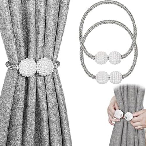 Melaluxe 2 Pack Magnetic Curtain Tiebacks, Decorative Curtain Holdbacks for Window Décor (Grey)