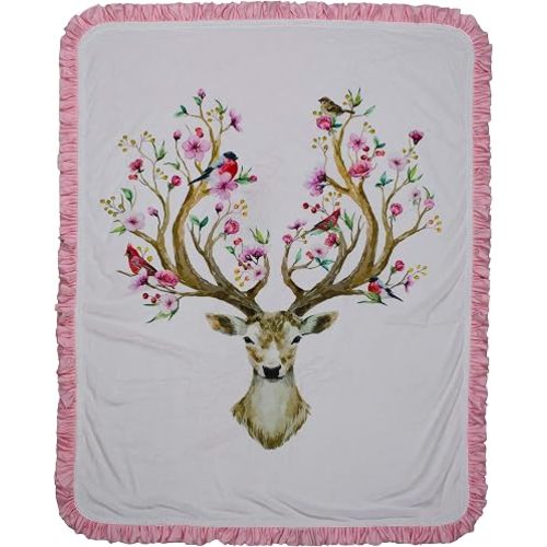 Dear Baby Reversible Blanket - 43x33 Inches- Deer Light Pink Ruffle Pattern