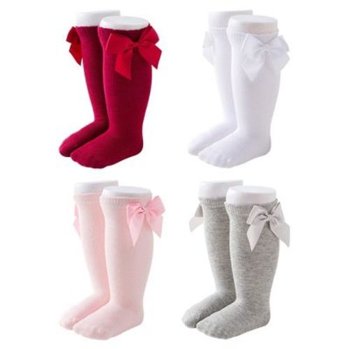 Cozyway Baby & Toddler Knee High Bow Socks, 4 Pack for Girls, White/Gray/Pink/Red, 2-4 Years Old